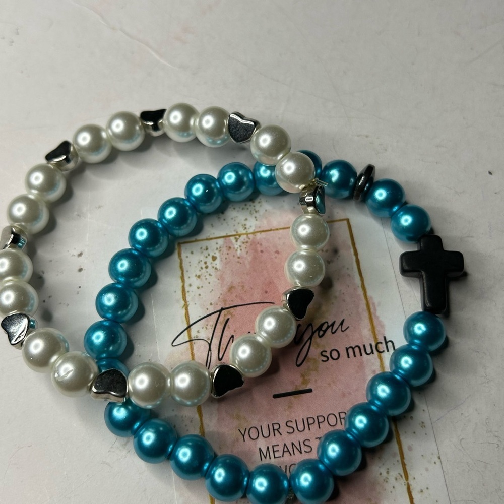 Blue & White Pearl Faith Bracelet